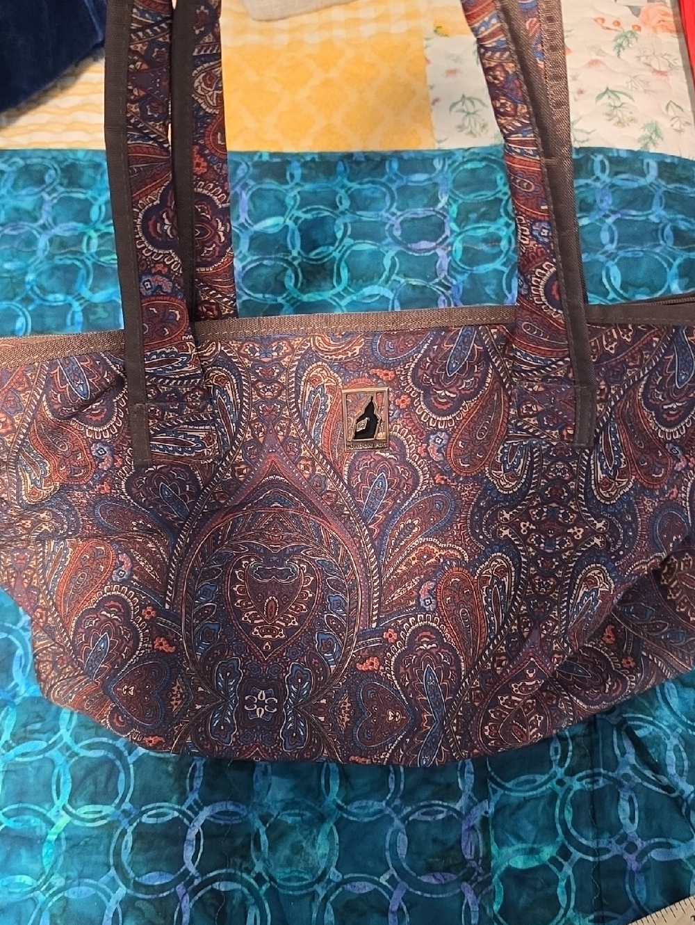 London Fog Paisley Tote in Brown and Blue with carry on strap